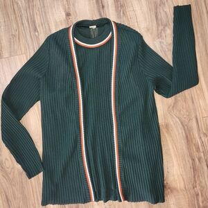 Vintage 70s Green Knit Rugby Stripe Cardigan Twin Set Ribbed